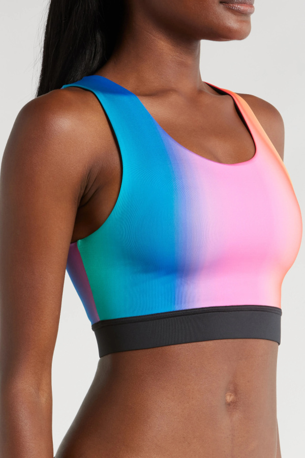 Athletic two-piece swimsuits for teens: TomboyX reversible sport bikini in a rainbow ombre that flips to black 