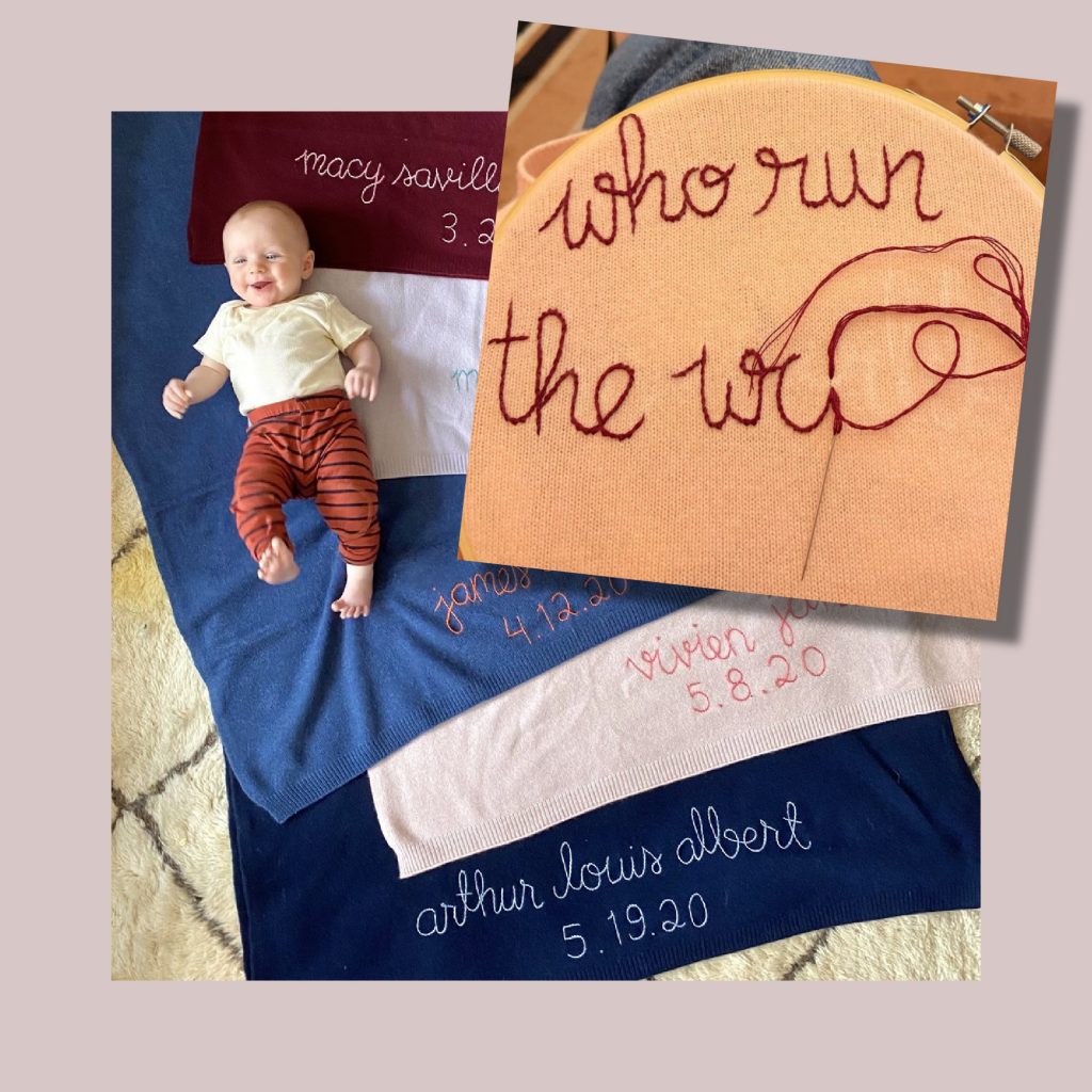 Feminist baby gifts: Custom cashmere keepsake baby blanket from woman-run shop Lingua Franka