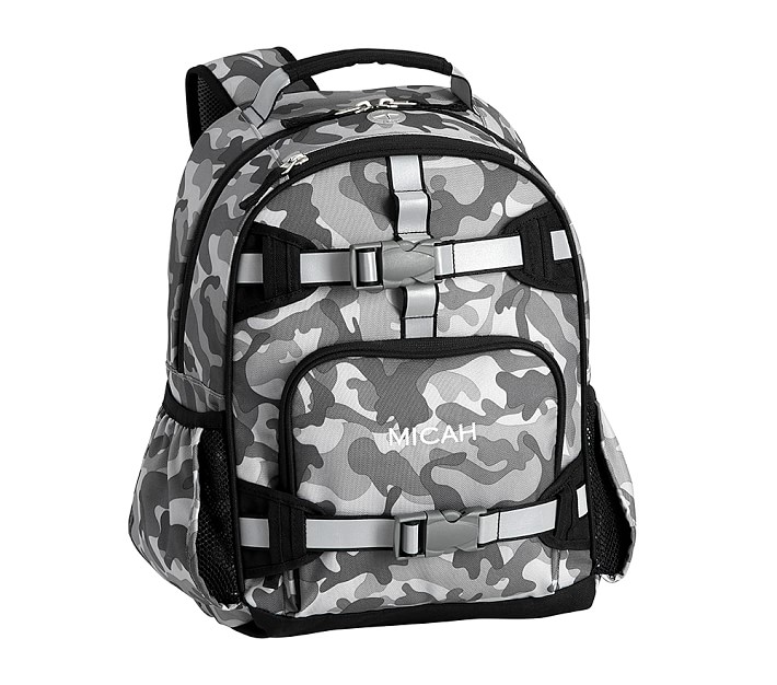 Cool backpacks for preschool and kindergarten: Gray camo monogrammed backpack from Pottery Barn Kids