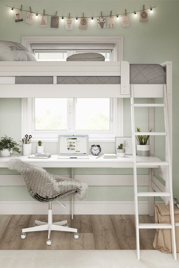 Loft bed with desk underneath: great solution to create a child's study space in a smaller room | this one from Wayfair