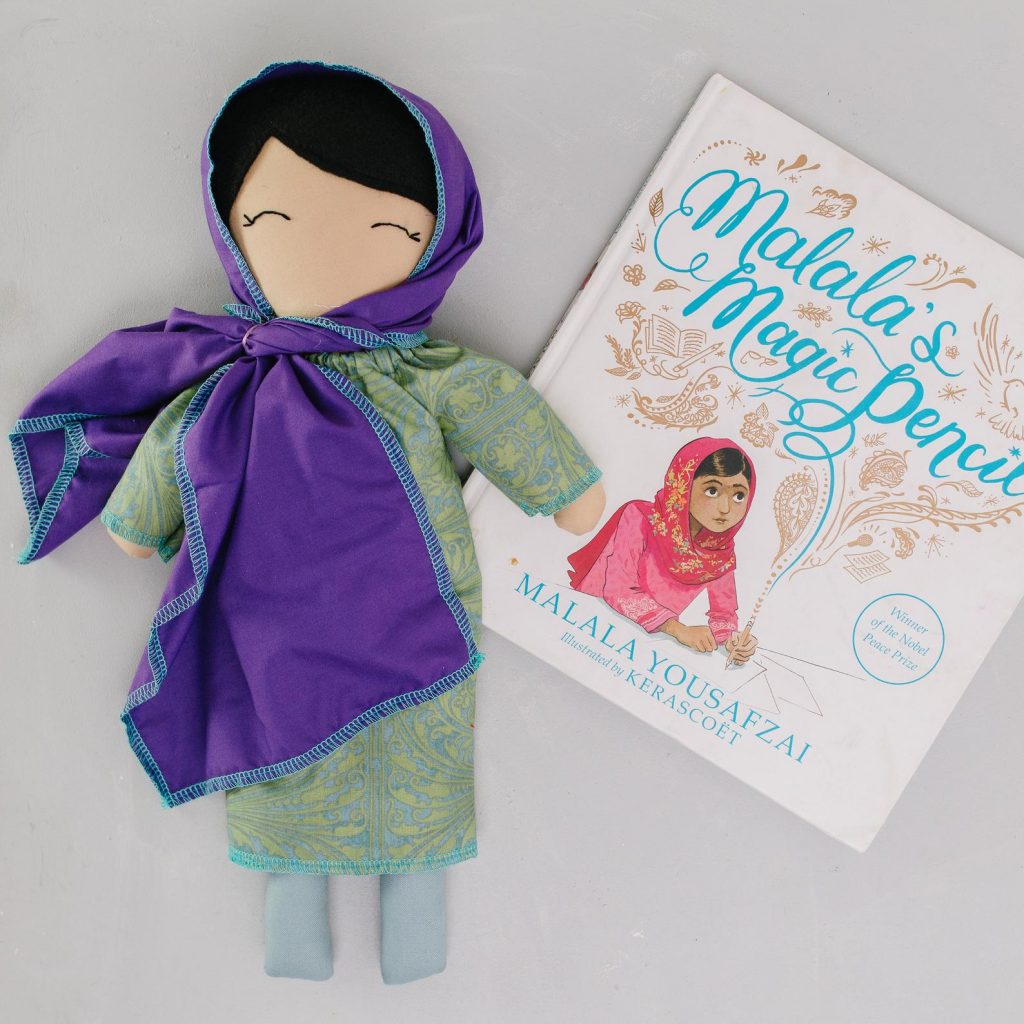 Feminist baby gift: Handmade Malala doll by Thimble and Time
