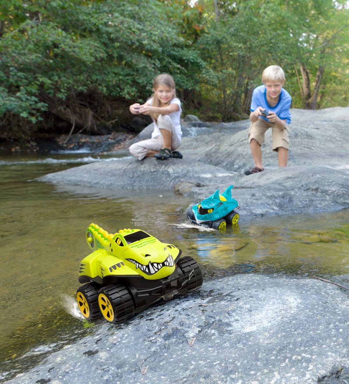 Fun backyard water toys for kids: Kids can play in and out of the water with these Mega Morphibian remote control cars.