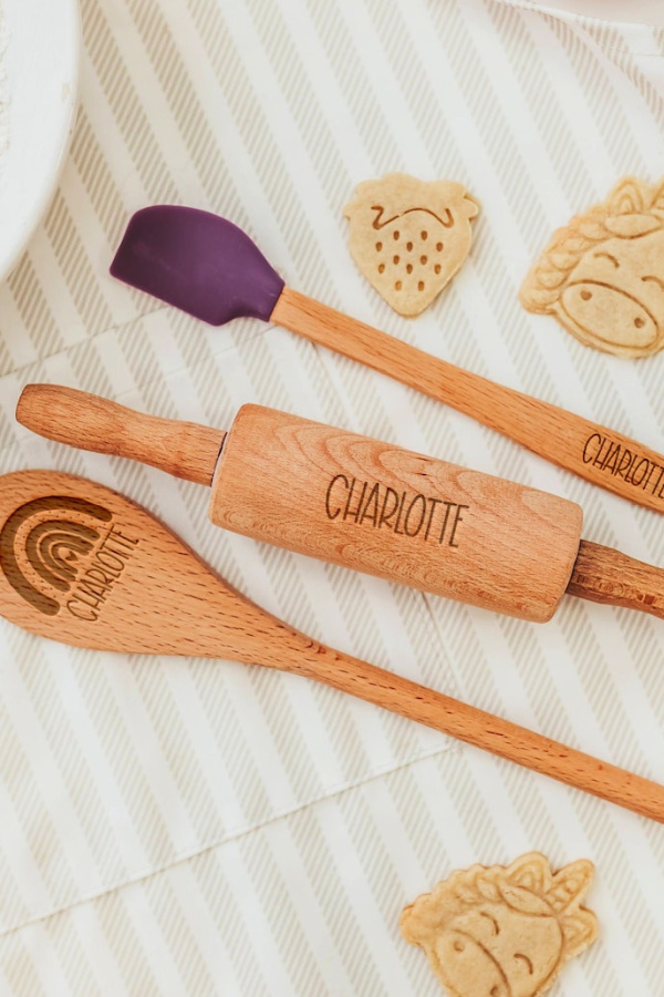 Personalized gifts for kids: This kid-sized personalized wooden baking set from A Few Spare Moments Personalized gifts for kids: This kid-sized personalized wooden baking set from A Few Spare Moments