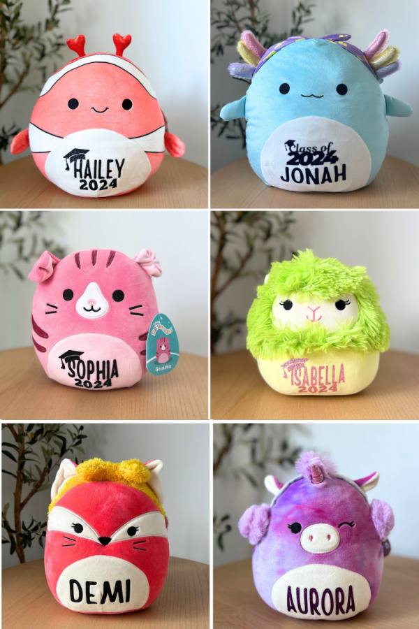 Personalized Squishmallows for graduation gifts or birthdays! From Confetti Juju on Etsy