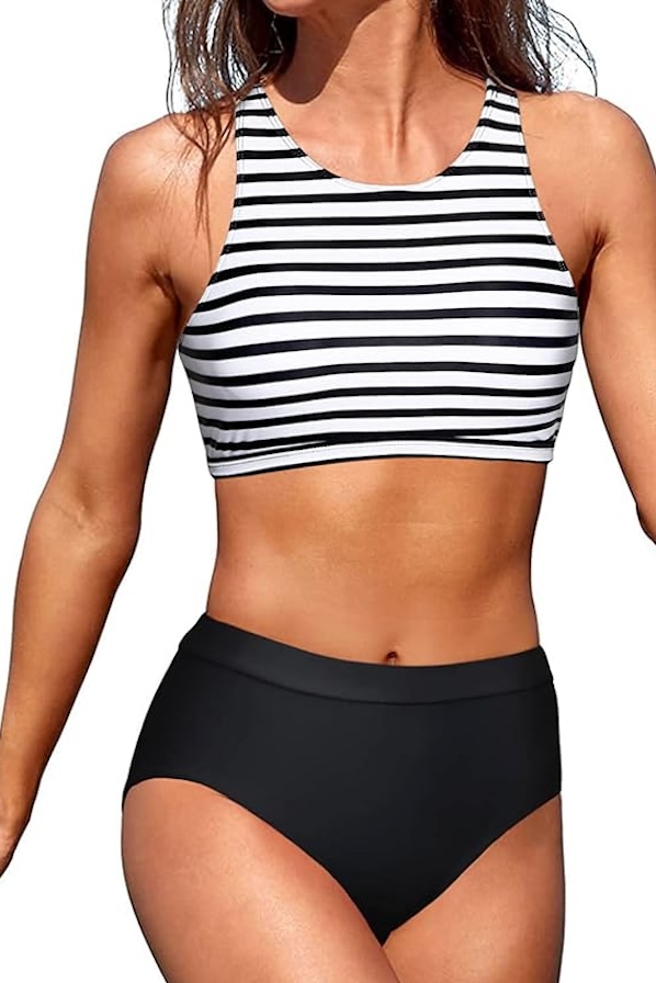 Athletic swimsuits for teens not into string bikinis: High Neck Crop Top Racerback Athletic Swimsuit Set 